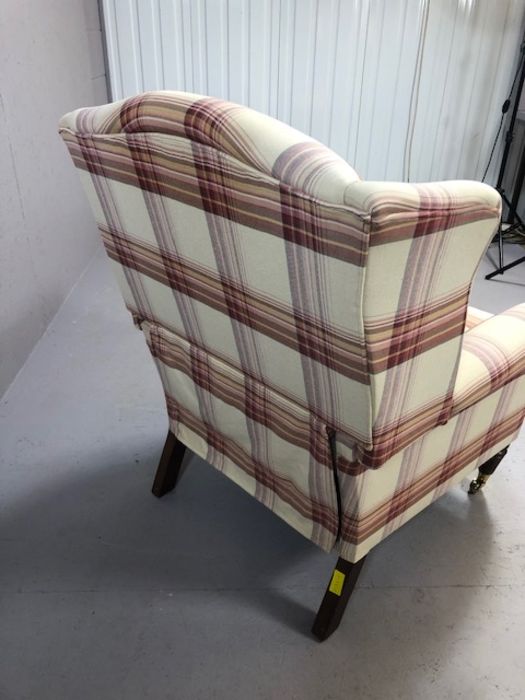 Laura Ashley Southwold raspberry check reclining wingback armchair, on brass front castors - Image 10 of 10