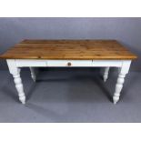 Pine farmhouse kitchen / dining table with white painted base and singe drawer, approx 153cm x