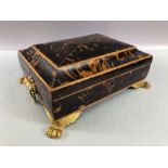 Jewellery box in tortoise shell on gilt lion paw feet with two gold gilt ring handles and lined in