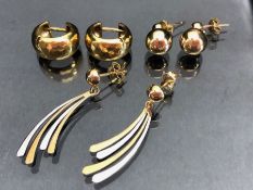 Three pairs of 9ct Gold earrings, various styles (total weight approx 6g)