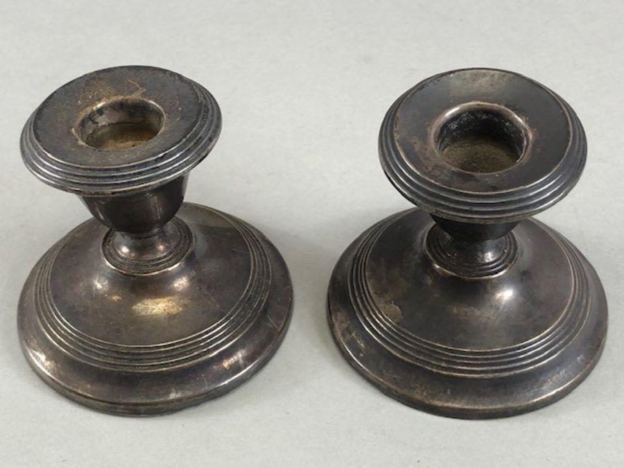 Pair of squat Silver hallmarked candlesticks on circular stepped bases hallmarked for Birmingham - Image 7 of 8