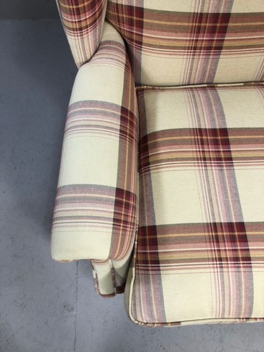 Laura Ashley Southwold raspberry check reclining wingback armchair, on brass front castors - Image 4 of 10