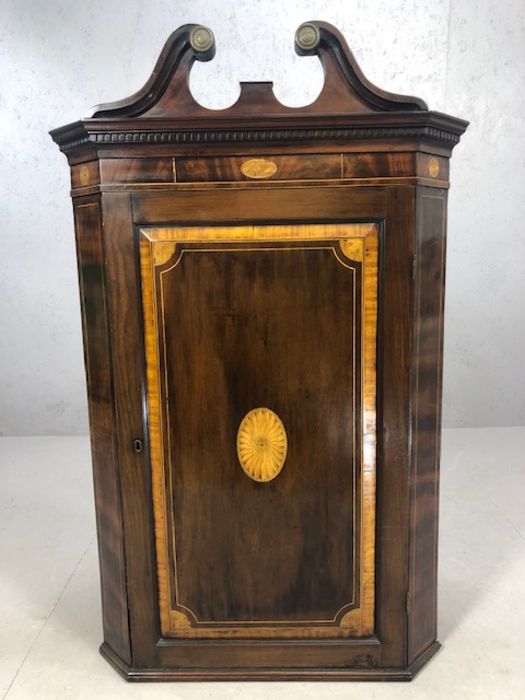 Victorian corner cupboard with inlay detailing and three shaped internal shelves, approx 75cm x 40cm