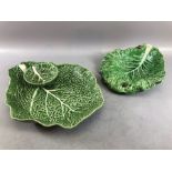 Large ceramic cabbage leaf serving plate with dipping bowl and a second cabbage leaf bowl with
