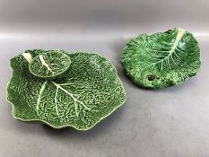 Large ceramic cabbage leaf serving plate with dipping bowl and a second cabbage leaf bowl with