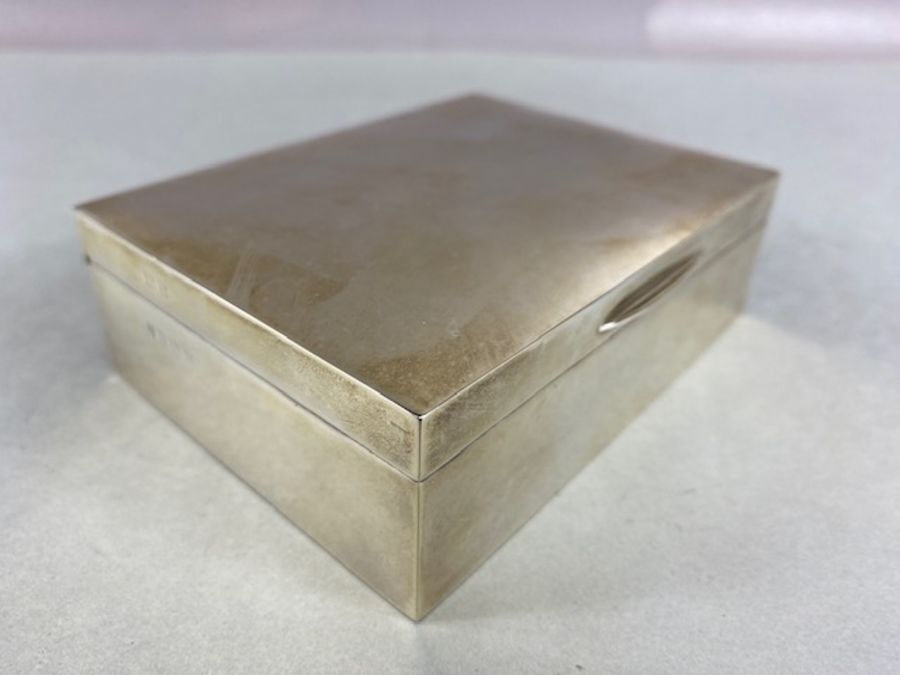 Silver Hallmarked cigarette box, hinged lid, wooden lined approx 11.5 x 8.6 x 3.8cm and hallmarked - Image 2 of 7