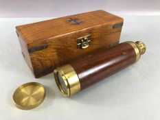 Brass and wooden extendable telescope in wooden box surmounted by an Anchor