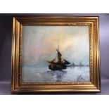 Contemporary oil painting of sailing vessel, indistinct signature, approx 60cm x 49cm