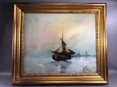 Contemporary oil painting of sailing vessel, indistinct signature, approx 60cm x 49cm