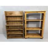 Two book cases, one waterfall in design, the other in pine and approx 66cm x 29cm x 95cm tall