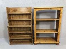 Two book cases, one waterfall in design, the other in pine and approx 66cm x 29cm x 95cm tall