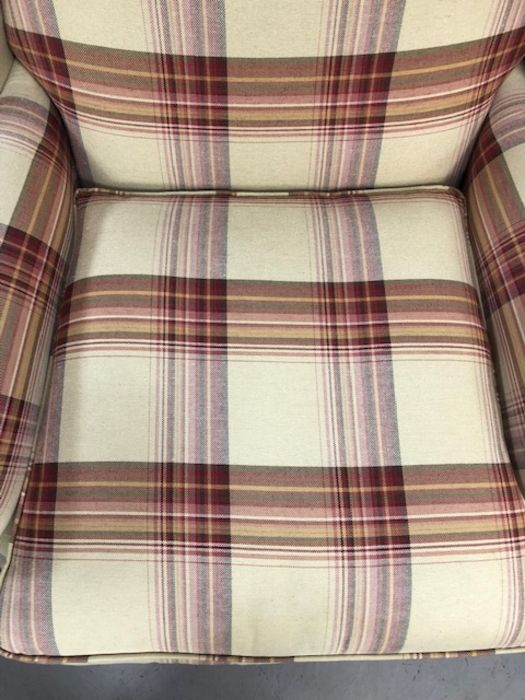 Laura Ashley Southwold raspberry check reclining wingback armchair, on brass front castors - Image 5 of 10