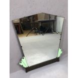 Art Deco mirror with green enamel fan detailing and copper frieze to base, approx 56cm x 52cm