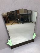 Art Deco mirror with green enamel fan detailing and copper frieze to base, approx 56cm x 52cm