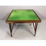 Wooden framed folding card table with green baize, approx 76cm x 76cm