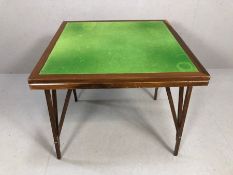 Wooden framed folding card table with green baize, approx 76cm x 76cm