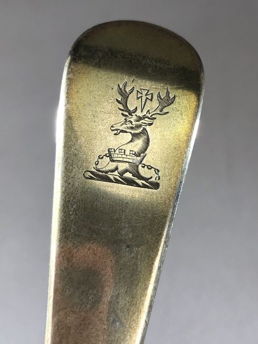 Solid Silver large straining spoon hallmarked for London, crest of a stag crown and cross dated 1774 - Image 6 of 8