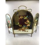 Victorian mirrored triptych fire screen with hand-painted birds, flowers and foliage, approx 78cm