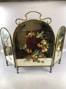 Victorian mirrored triptych fire screen with hand-painted birds, flowers and foliage, approx 78cm