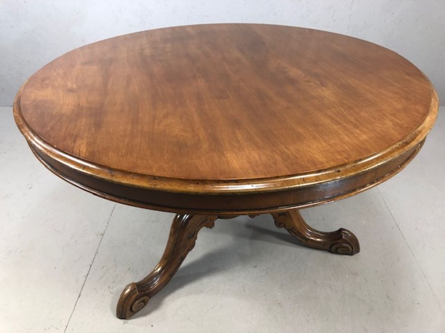 Circular mahogany pedestal table on tripod heavily carved feet approx 1 metre in diameter