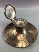 Silver hallmarked inkwell on large circular base (approx 16.5cm in diameter) with good hinged lid