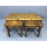 Two pine side tables and a matching pine coffee table. Coffee Table, approx 92cm x 50cm x 44cm