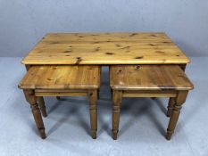 Two pine side tables and a matching pine coffee table. Coffee Table, approx 92cm x 50cm x 44cm