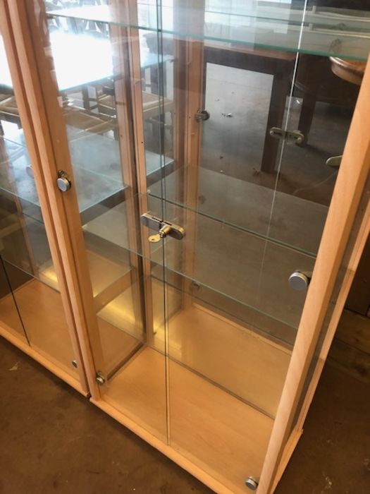 Pair of tall, lockable glass display cabinets, with glass shelves, keys and internal lights, each - Image 3 of 12