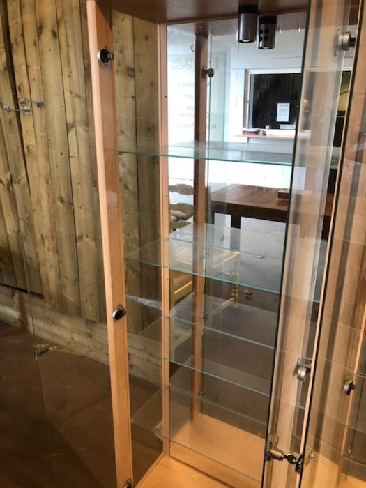 Pair of tall, lockable glass display cabinets, with glass shelves, keys and internal lights, each - Image 9 of 12