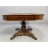 Edwardian centre table with inlay on pedestal stand with four carved, claw feet, hidden drawer to