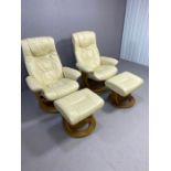 Pair of cream upholstered Lazyboy reclining armchairs, with matching footstalls on light wood bases