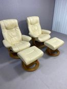 Pair of cream upholstered Lazyboy reclining armchairs, with matching footstalls on light wood bases