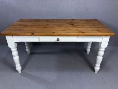 Pine farmhouse kitchen / dining table with white painted base and singe drawer, approx 153cm x