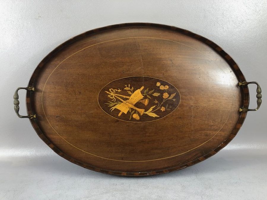 Two tea trays, one Edwardian Oval with inlay and the other a square twin handled tray with brass - Image 2 of 13