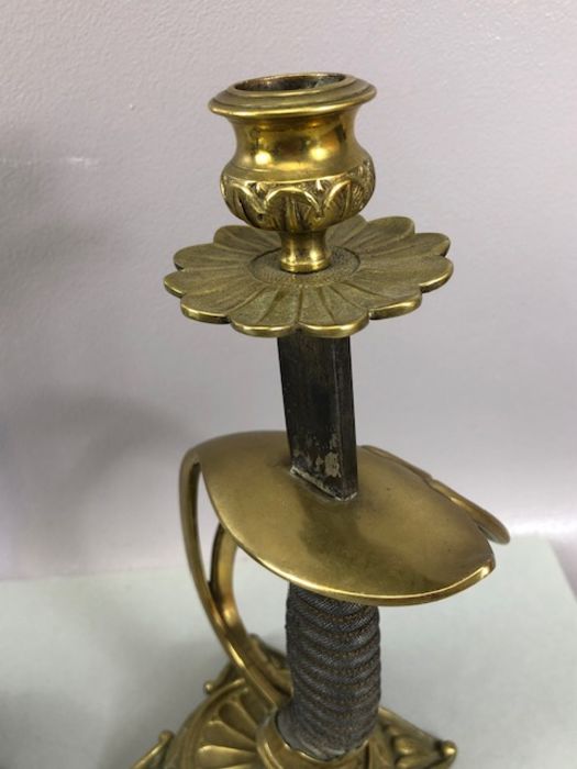 Pair of candlesticks fashioned from cavalry sword handles, decorated brass cast bases and - Image 2 of 15