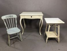 Three pieces of white painted furniture: two tables and a child's chair