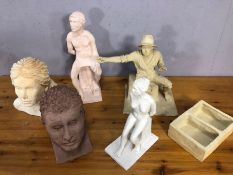 Collection of six contemporary unglazed sculptures to include a male and female bust, nude female on