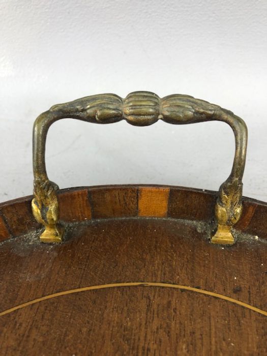 Two tea trays, one Edwardian Oval with inlay and the other a square twin handled tray with brass - Image 6 of 13