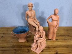 Four contemporary terracotta coloured sculptures to include nude female forms and a twin handled pot