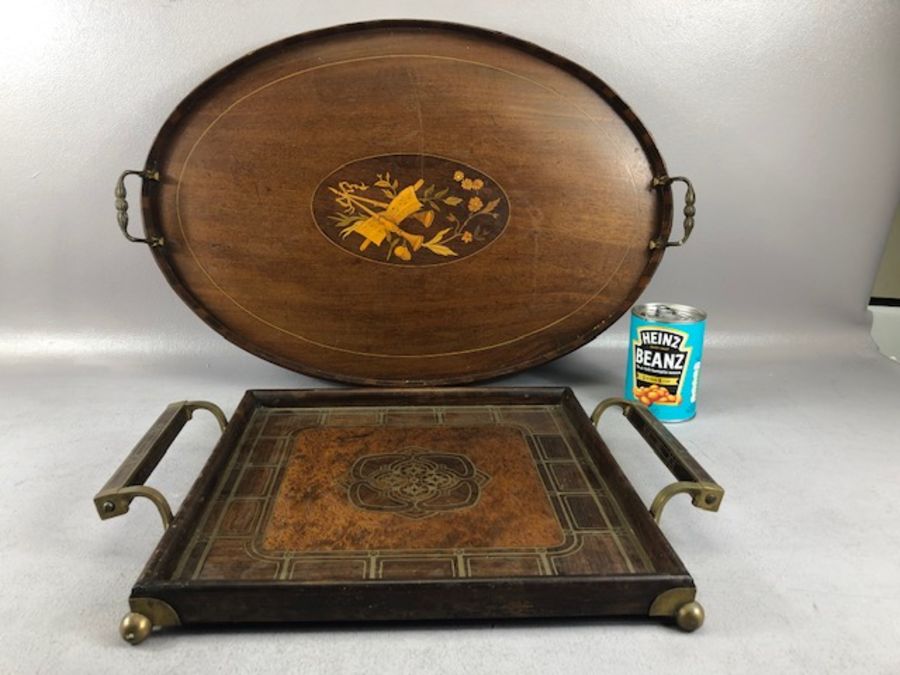 Two tea trays, one Edwardian Oval with inlay and the other a square twin handled tray with brass - Image 8 of 13