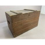 Antique pine wooden trunk with original key, with metal carrying handles to either end, approx