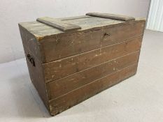 Antique pine wooden trunk with original key, with metal carrying handles to either end, approx