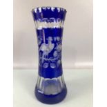 Bohemian blue cut glass Vase decorated with birds and flowers approx 27cm tall