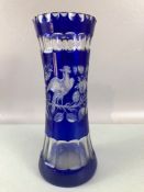 Bohemian blue cut glass Vase decorated with birds and flowers approx 27cm tall