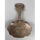 Silver hallmarked ornate (possibly caddy) spoon the handle set with a Silver coin hallmarked for