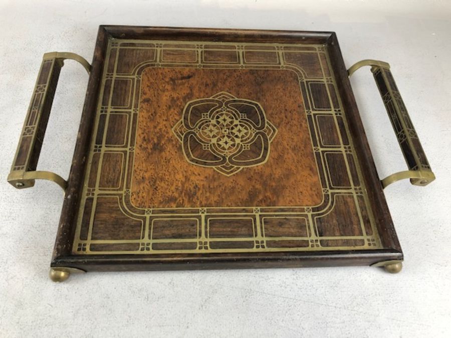 Two tea trays, one Edwardian Oval with inlay and the other a square twin handled tray with brass - Image 9 of 13