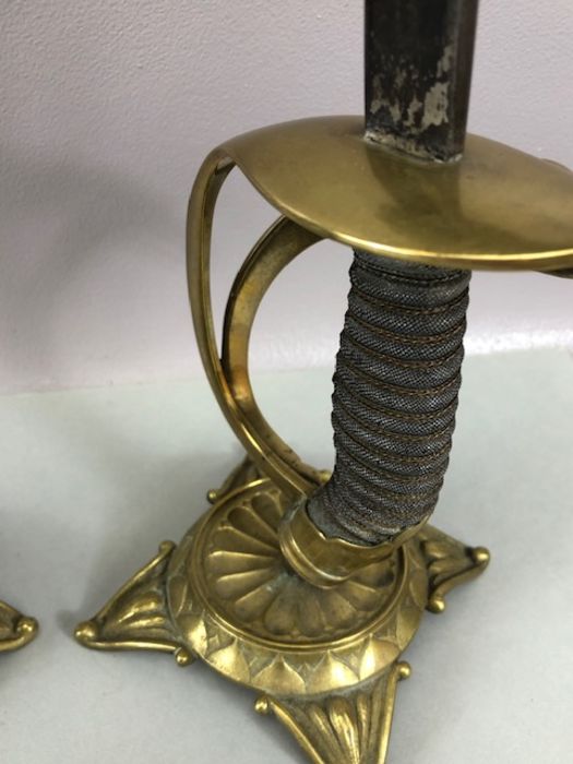 Pair of candlesticks fashioned from cavalry sword handles, decorated brass cast bases and - Image 3 of 15