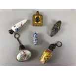 Collection of six ceramic, glass, gold gilt, painted and tapestry scent bottles