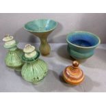 Collection of handcrafted studio pottery to include a pair of lamp bases, fluted vase and a planter,