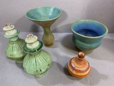 Collection of handcrafted studio pottery to include a pair of lamp bases, fluted vase and a planter,